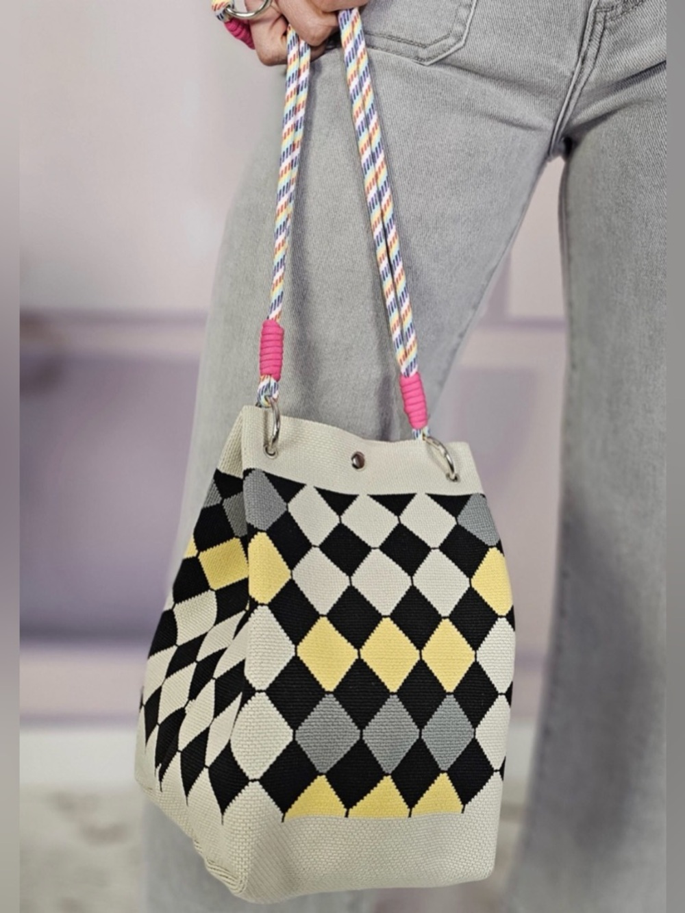 Knit Diamond Print Shoulder Bag w/ Rope Straps Expandable Cute